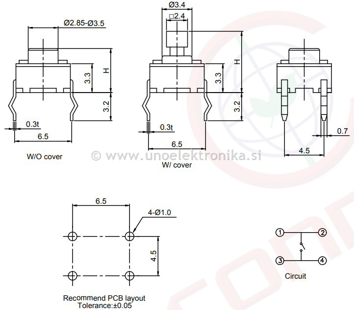 TIPKA 1p. 6x6 H=7,8mm 12VDC 50mA ZA TV