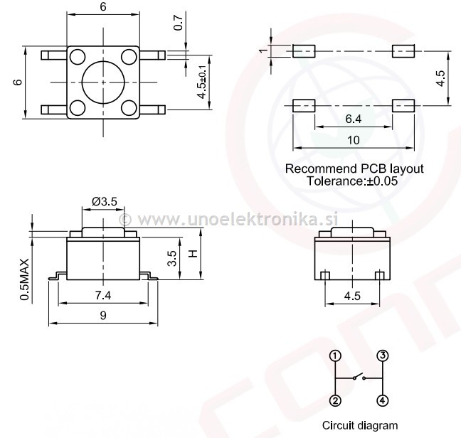 TIPKA 1p. 6x6 H=7,3mm 12VDC 50mA SMD