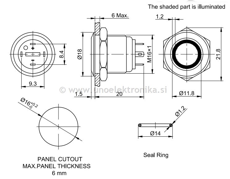 TIPKA fi16 mm 2A 36V IP65 MODRI LED 12V