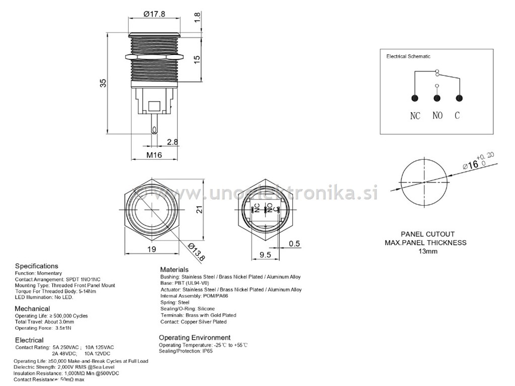 TIPKA fi16 mm 3A 250V IP65 RDEČI LED 12V