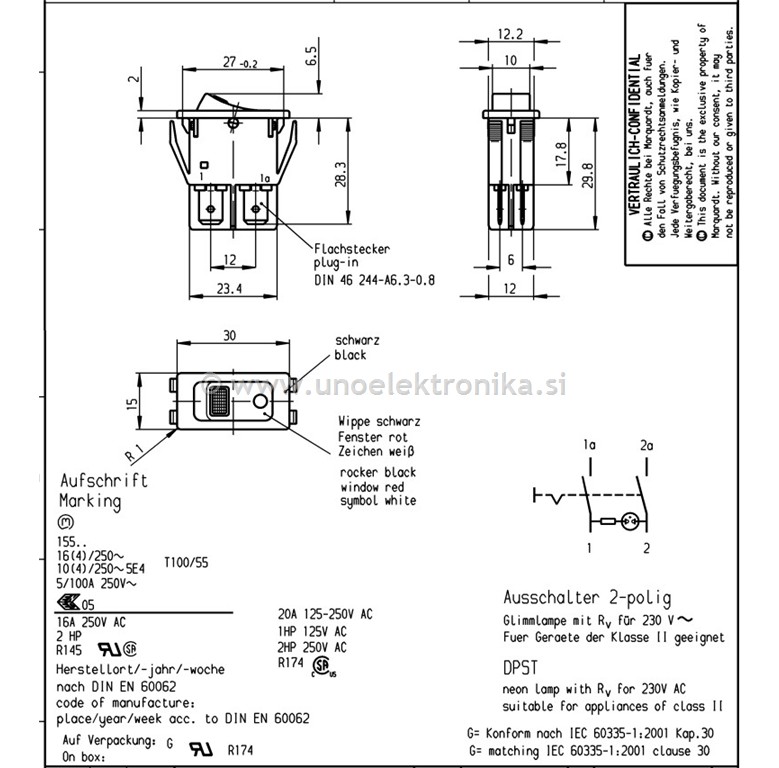 STIKALO 1 POLNO 16A 250VAC RDEČE
